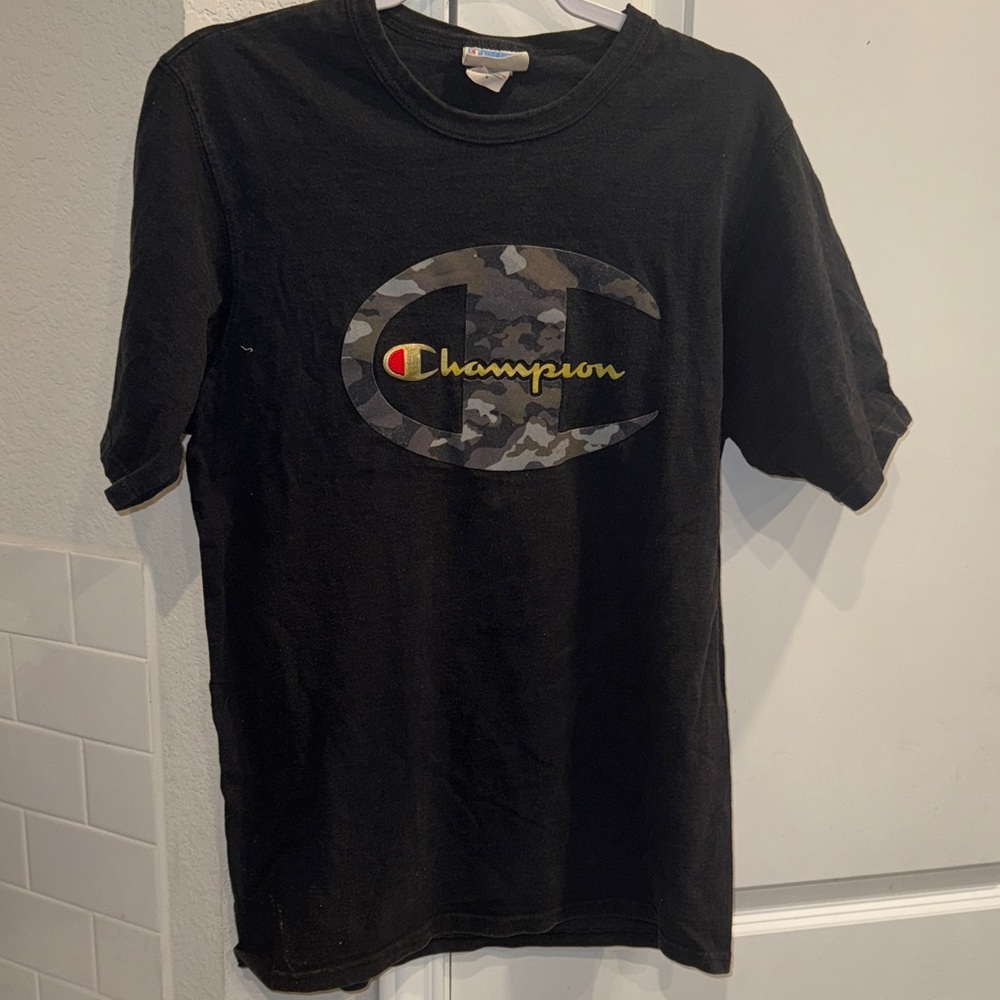 Champion Unisex Black Tee with Camo Logo